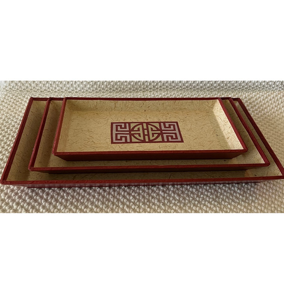 Oriental Design Paper Mache Nesting Sushi Dresser Trays 3 piece - Picture 4 of 8